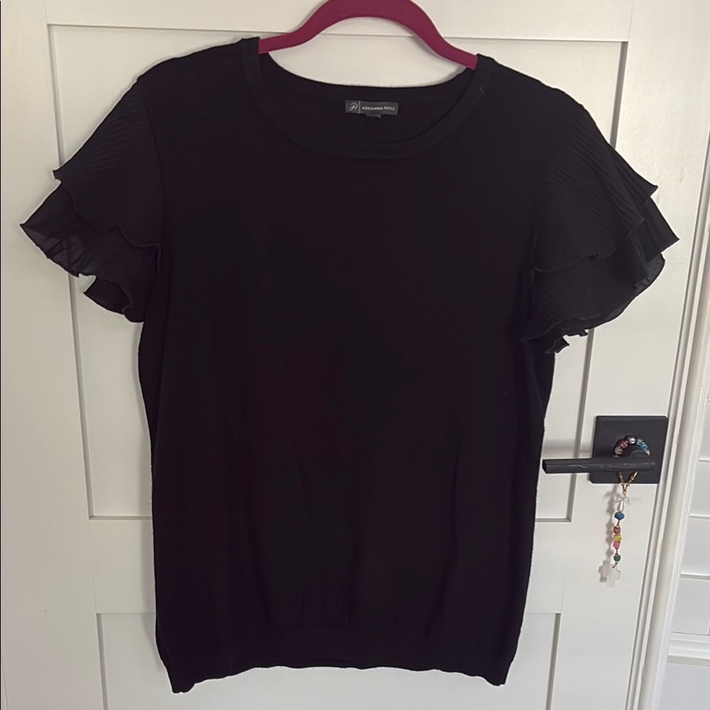 Adrianna Papell Black Flutter Sleeve Ruffled T-Shirt